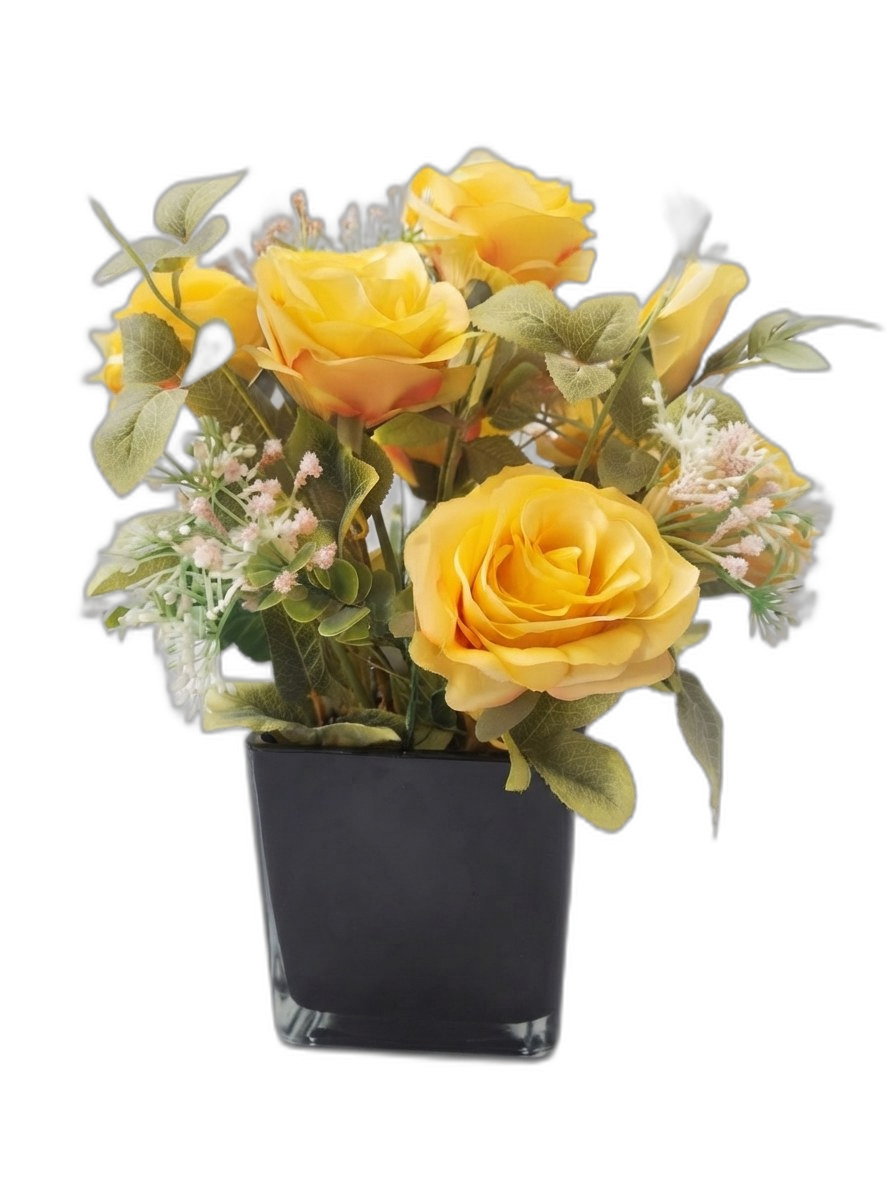 Vaso Cubo Preto com Rosas Importadas Amarelas