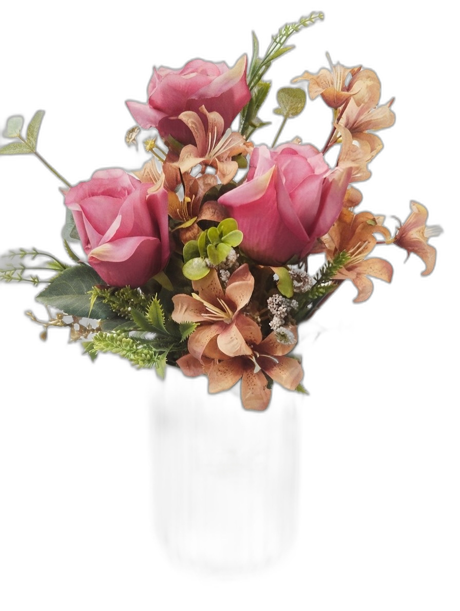 Vaso Dolomita Stripe Verde com Rosas Importadas Pink e Folhas Champagne